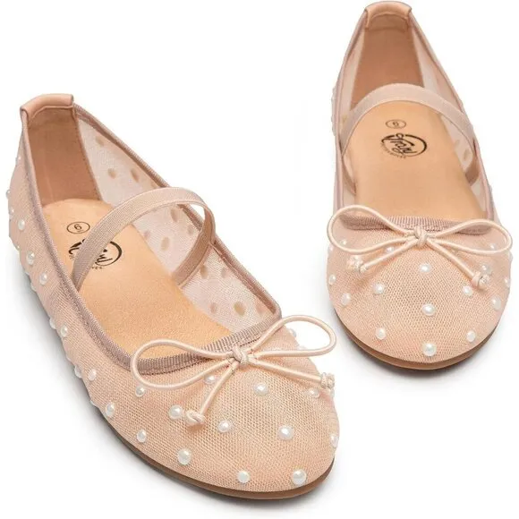 Trary Flat Shoes Women Cream Mesh Pearl Ballet Rhinestone Wide Mary Janes Shoes