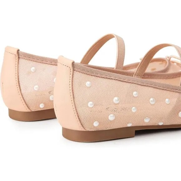 Trary Flat Shoes Women Cream Mesh Pearl Ballet Rhinestone Wide Mary Janes Shoes