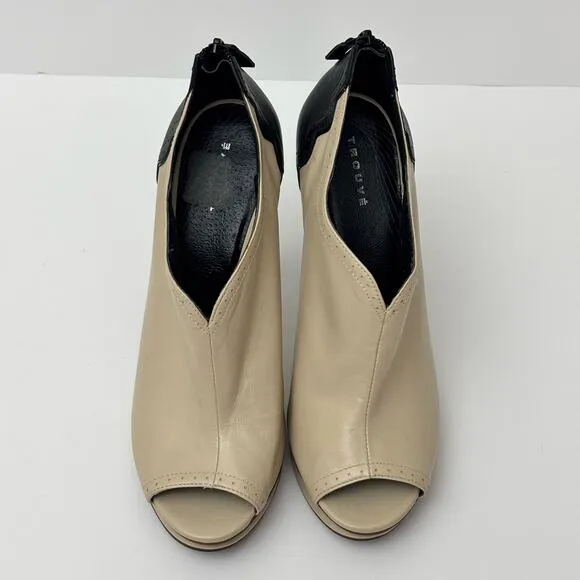 Trouve Two Tone Black &amp; Ivory Vintage Style Stiletto Peep Toe Leather Booties-10