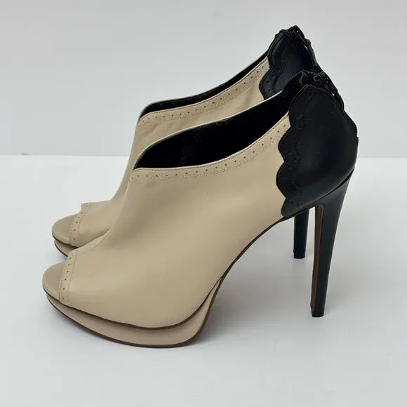 Trouve Two Tone Black &amp; Ivory Vintage Style Stiletto Peep Toe Leather Booties-10