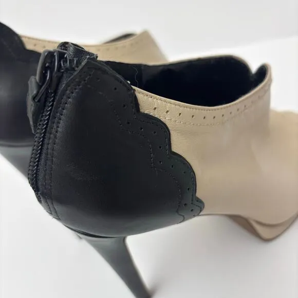 Trouve Two Tone Black &amp; Ivory Vintage Style Stiletto Peep Toe Leather Booties-10