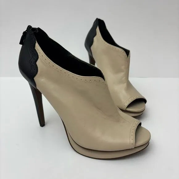Trouve Two Tone Black &amp; Ivory Vintage Style Stiletto Peep Toe Leather Booties-10