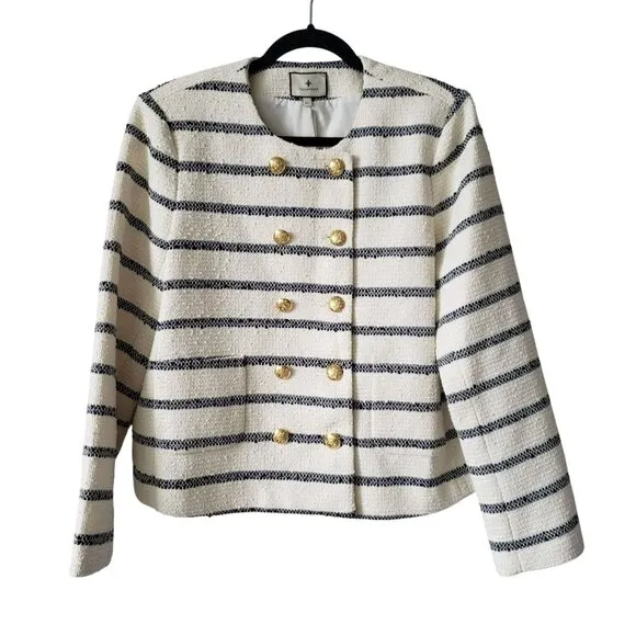 Tuckernuck Navy Stripe Marais Jacket Gold Button Open Front Nautical Blazer