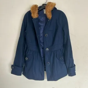 Tulle Anthropologie Wool Brown Faux Fur Trim Hood Long Blue Coat Size Medium