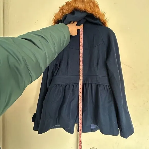 Tulle Anthropologie Wool Brown Faux Fur Trim Hood Long Blue Coat Size Medium