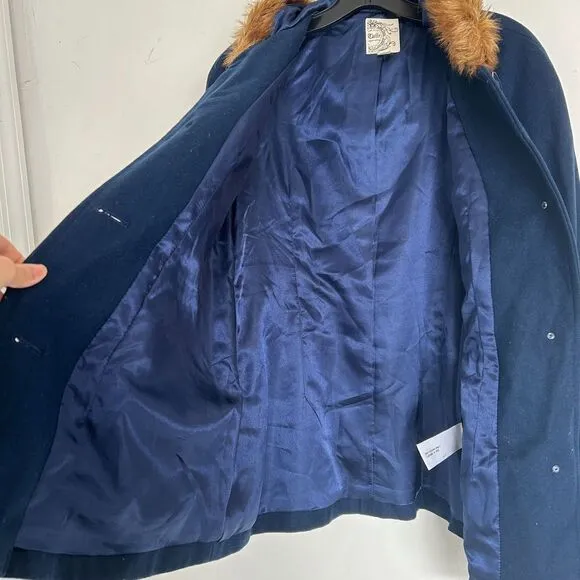Tulle Anthropologie Wool Brown Faux Fur Trim Hood Long Blue Coat Size Medium