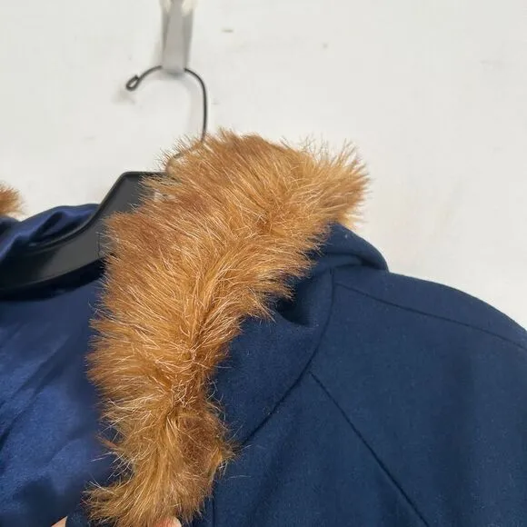 Tulle Anthropologie Wool Brown Faux Fur Trim Hood Long Blue Coat Size Medium