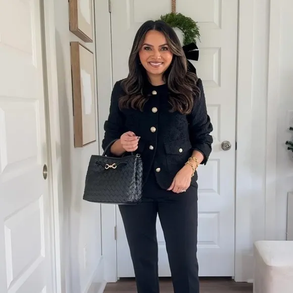 Tweed black collarless blazer jacket with gold buttons