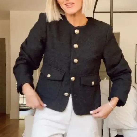 Tweed black collarless blazer jacket with gold buttons