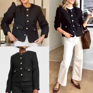 Tweed black collarless blazer jacket with gold buttons