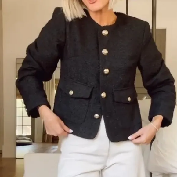 Tweed black collarless blazer jacket with gold buttons