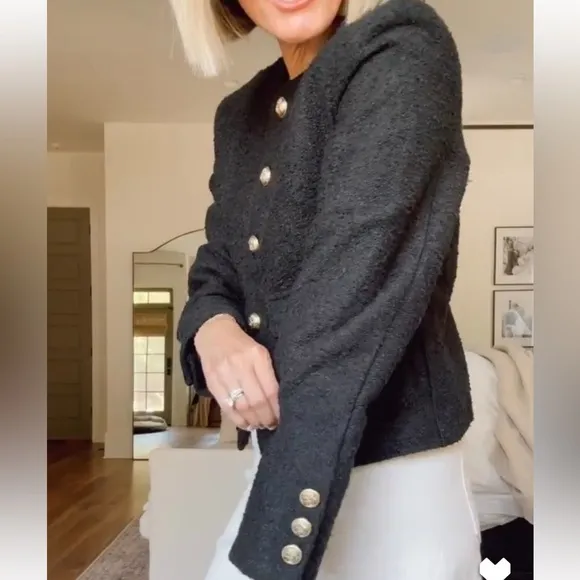 Tweed black collarless blazer jacket with gold buttons