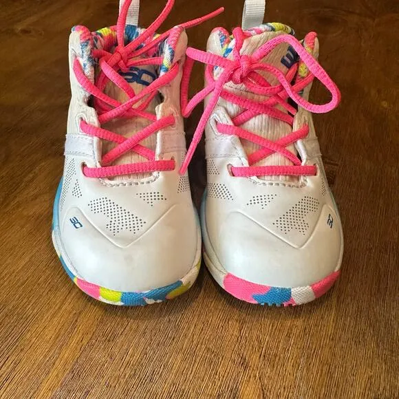 Two Pairs Under Armour Curry Baby Basketball Shoes size 5 white and confetti