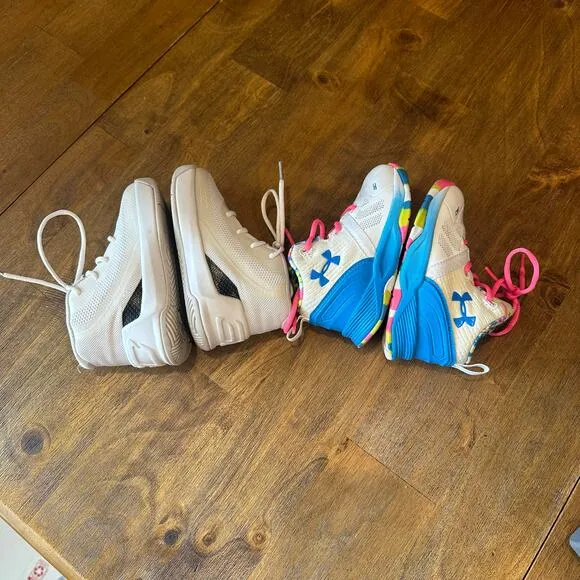 Two Pairs Under Armour Curry Baby Basketball Shoes size 5 white and confetti