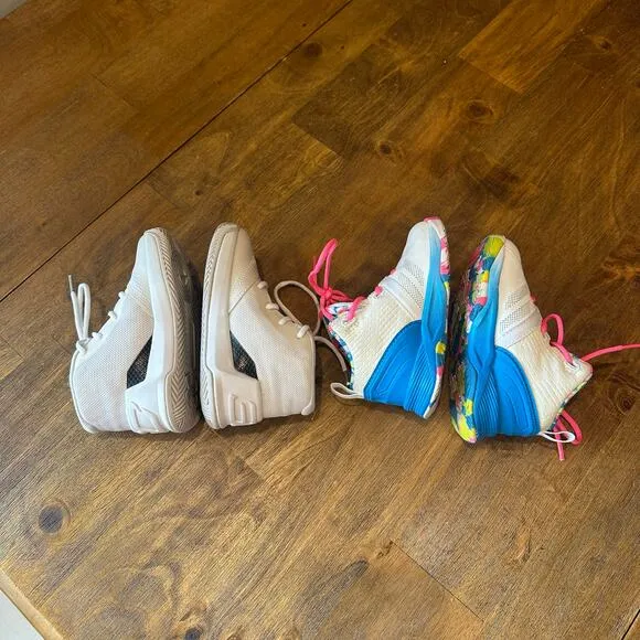 Two Pairs Under Armour Curry Baby Basketball Shoes size 5 white and confetti