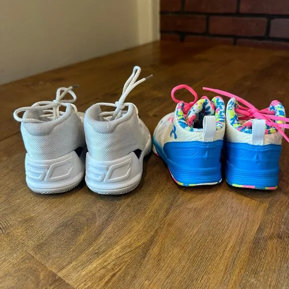 Two Pairs Under Armour Curry Baby Basketball Shoes size 5 white and confetti