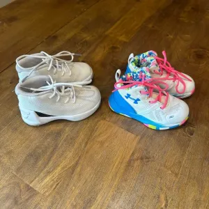 Two Pairs Under Armour Curry Baby Basketball Shoes size 5 white and confetti