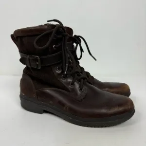 Ugg Brown Leather Mid Calf Lace Up Combat Moto Boots Winter
