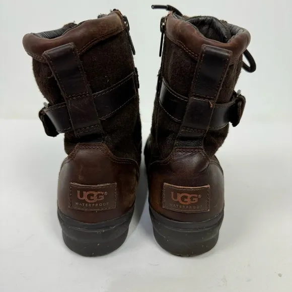 Ugg Brown Leather Mid Calf Lace Up Combat Moto Boots Winter