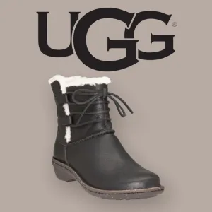 UGG Caspia Black Leather Lace Up Ankle Boots