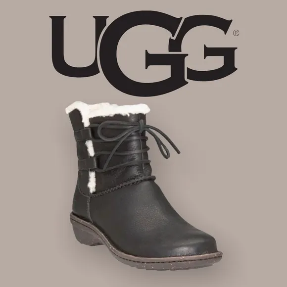 UGG Caspia Black Leather Lace Up Ankle Boots