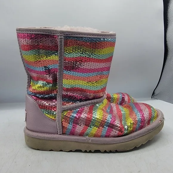 UGG Classic Short II Girls 3 Mural Rainbow Sequin Boots Lined Comfort Casual