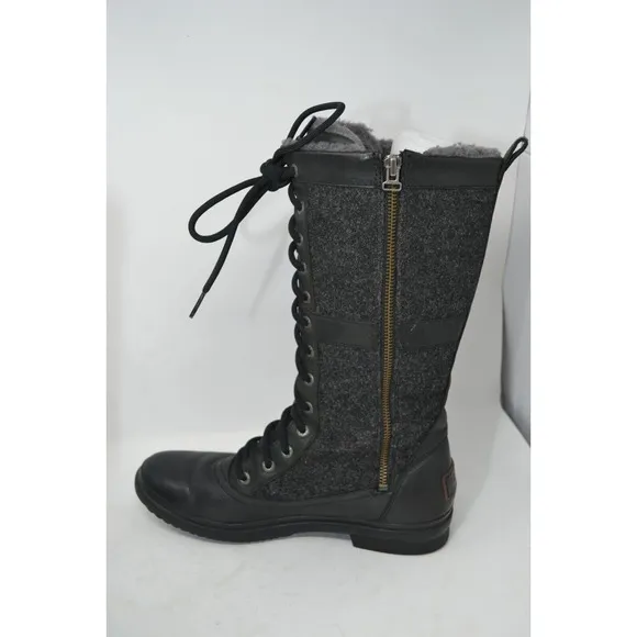 UGG Elvia Leather Women's Boots Sz US 8.5 Black Lined Lace-Up Snow Boots 1018473