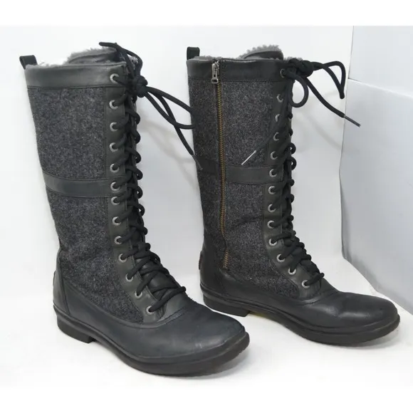 UGG Elvia Leather Women's Boots Sz US 8.5 Black Lined Lace-Up Snow Boots 1018473
