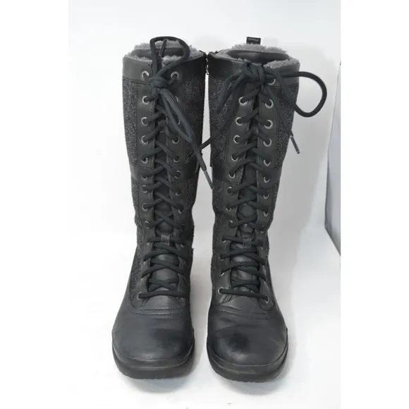 UGG Elvia Leather Women's Boots Sz US 8.5 Black Lined Lace-Up Snow Boots 1018473