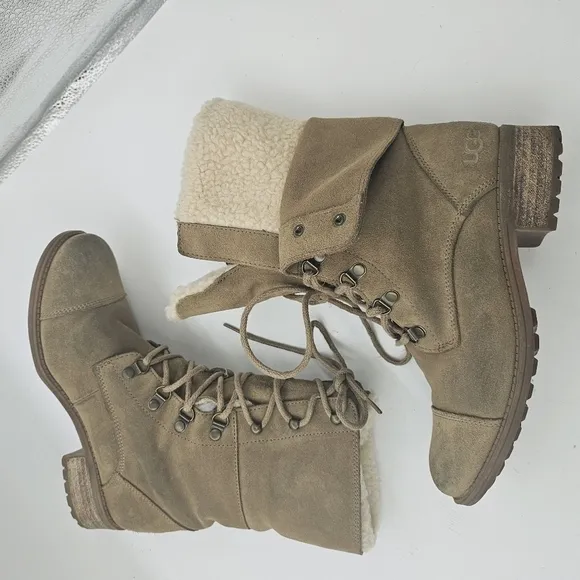 Ugg Gradin Womens Tan Suede Leather Lace Up Round Toe Stacked Heel Boots…