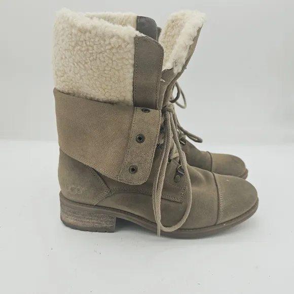 Ugg Gradin Womens Tan Suede Leather Lace Up Round Toe Stacked Heel Boots…