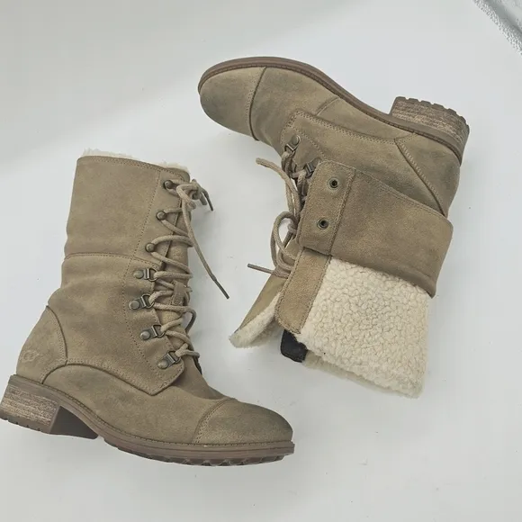 Ugg Gradin Womens Tan Suede Leather Lace Up Round Toe Stacked Heel Boots…