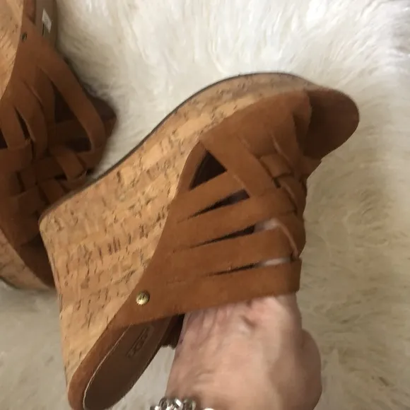UGG MARTA CHESTNUT WEDGES PLATFORM SUEDE SLIDE WOMEN'S SANDALS