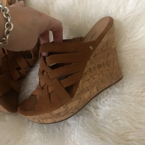 UGG MARTA CHESTNUT WEDGES PLATFORM SUEDE SLIDE WOMEN'S SANDALS