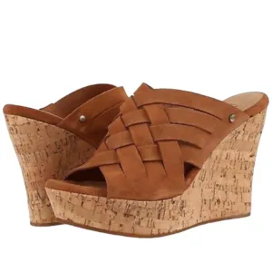 UGG MARTA CHESTNUT WEDGES PLATFORM SUEDE SLIDE WOMEN'S SANDALS