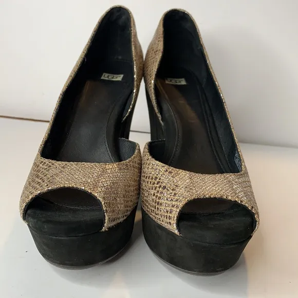 UGGS Australia metallic snakeskin black suede platform wedges