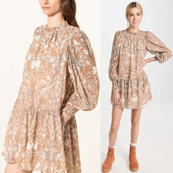 ULLA JOHNSON Floral Paisley Smocked Puff Long Sleeve Ruffle Neck Tiered Dress 00