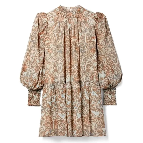 ULLA JOHNSON Floral Paisley Smocked Puff Long Sleeve Ruffle Neck Tiered Dress 00