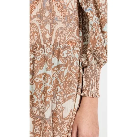 ULLA JOHNSON Floral Paisley Smocked Puff Long Sleeve Ruffle Neck Tiered Dress 00