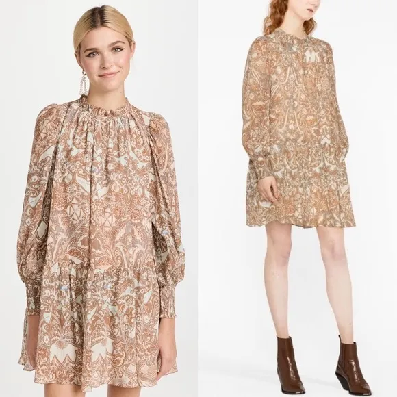 ULLA JOHNSON Floral Paisley Smocked Puff Long Sleeve Ruffle Neck Tiered Dress 00