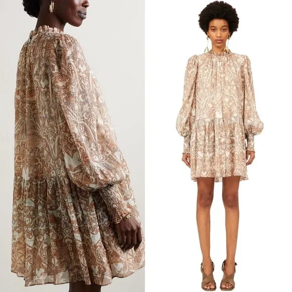 ULLA JOHNSON Floral Paisley Smocked Puff Long Sleeve Ruffle Neck Tiered Dress 00