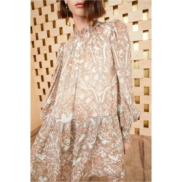 ULLA JOHNSON Floral Paisley Smocked Puff Long Sleeve Ruffle Neck Tiered Dress 00