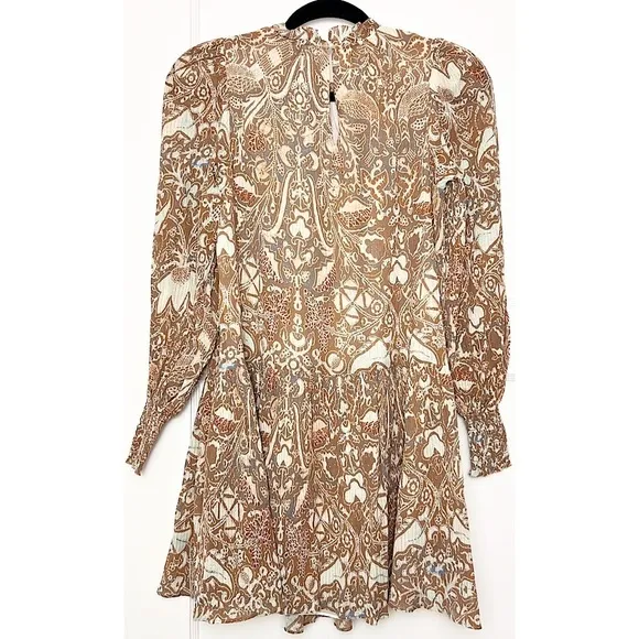 ULLA JOHNSON Floral Paisley Smocked Puff Long Sleeve Ruffle Neck Tiered Dress 00