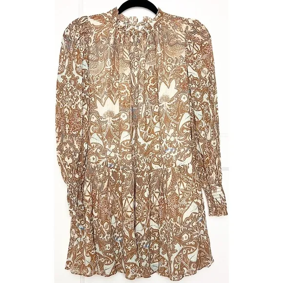ULLA JOHNSON Floral Paisley Smocked Puff Long Sleeve Ruffle Neck Tiered Dress 00