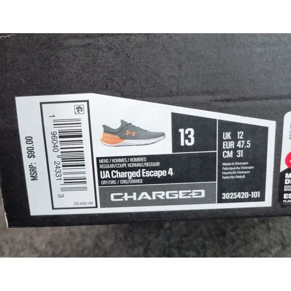 Under Armour Escape 4 Mens Shoes 13 Gray Orange‎ Running Gym Workout Lightweight