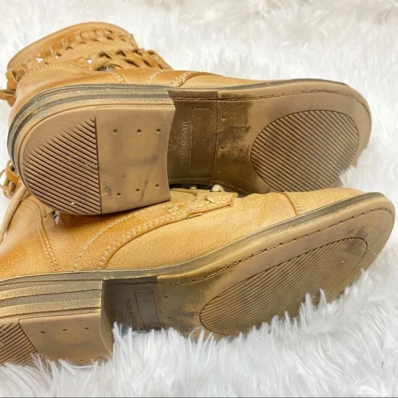 UO Vintage Woven Crochet Cut Out Brown Tan Lace Up Combat Boots