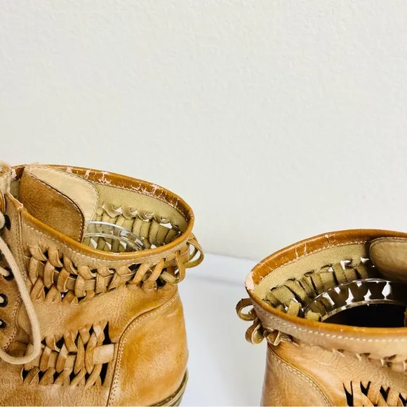 UO Vintage Woven Crochet Cut Out Brown Tan Lace Up Combat Boots