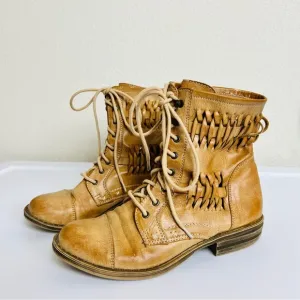 UO Vintage Woven Crochet Cut Out Brown Tan Lace Up Combat Boots