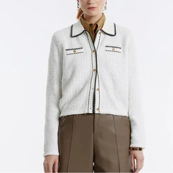 Urban Revivo off white ivory &amp; black textured knit cardigan with good buttons