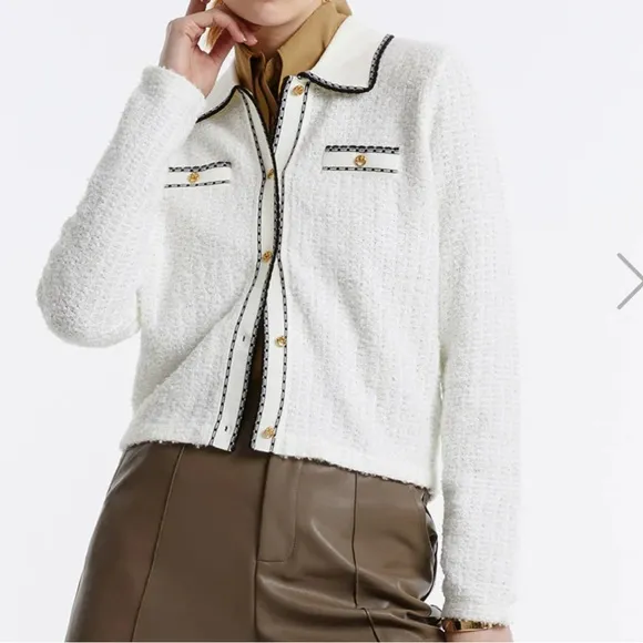 Urban Revivo off white ivory &amp; black textured knit cardigan with good buttons
